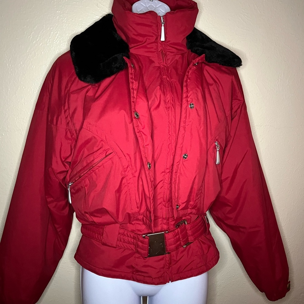 Red Ski Jacket with Black Fur Trim and Puffed Design